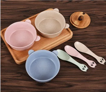 

DHL 200set 2pcs/set Food Tableware Wheat Cartoon Cute Ears Kids Dishes Baby Eating Dinnerware Set Anti-hot Training Bowl+Spoon