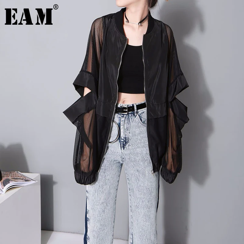 

[EAM] 2019 New Autumn Winter Stand Collar Long Sleeve Black Thin Hollow Loose Big Size Perspective Jacket Women Coat Fashion JF7