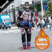 Плюс бархатный спортивный костюм комплект из трех предметов для мужчин свободный принт с длинным рукавом пальто топ и брюки костюм Lagre размер Мода