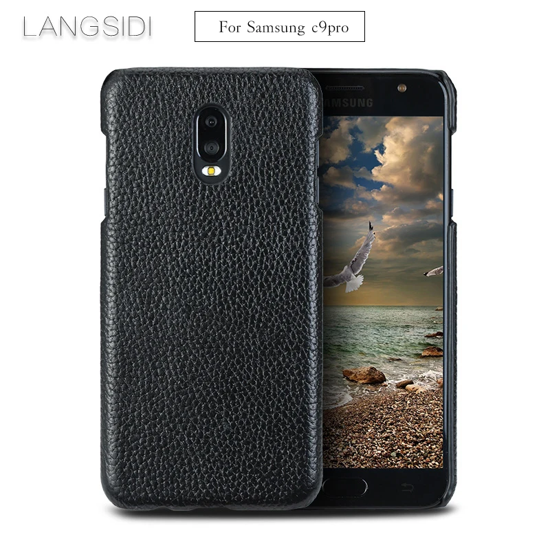 

Luxury For Samsung C9 Pro phone case real calf leather back cover / Litchi texture case Genuine Leather phone case