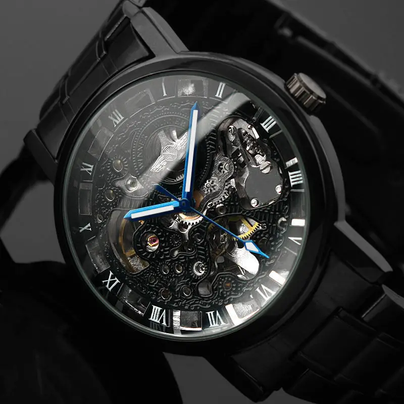 Prix pour 2016 Nouveau Noir Hommes de Squelette Montre-Bracelet en acier Inoxydable Antique Steampunk Casual Automatique Squelette Mécanique Montres Mâle Prix pour 2016 Nouveau Noir Hommes de Squelette Montre-Bracelet en acier Inoxydable Antique Steampunk Casual Automatique Squelette Mécanique Montres Mâle
