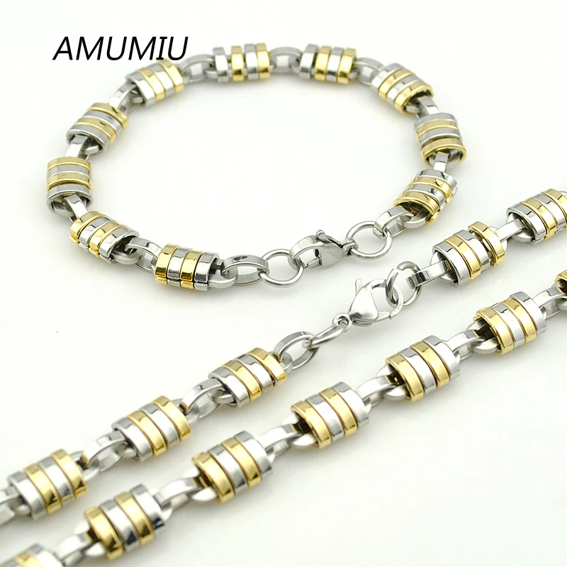 

AMUMIU New Chains For Mens Womens Jewelry Stainless Steel 1 Necklace+1 Bracelet Sets HZTZ061