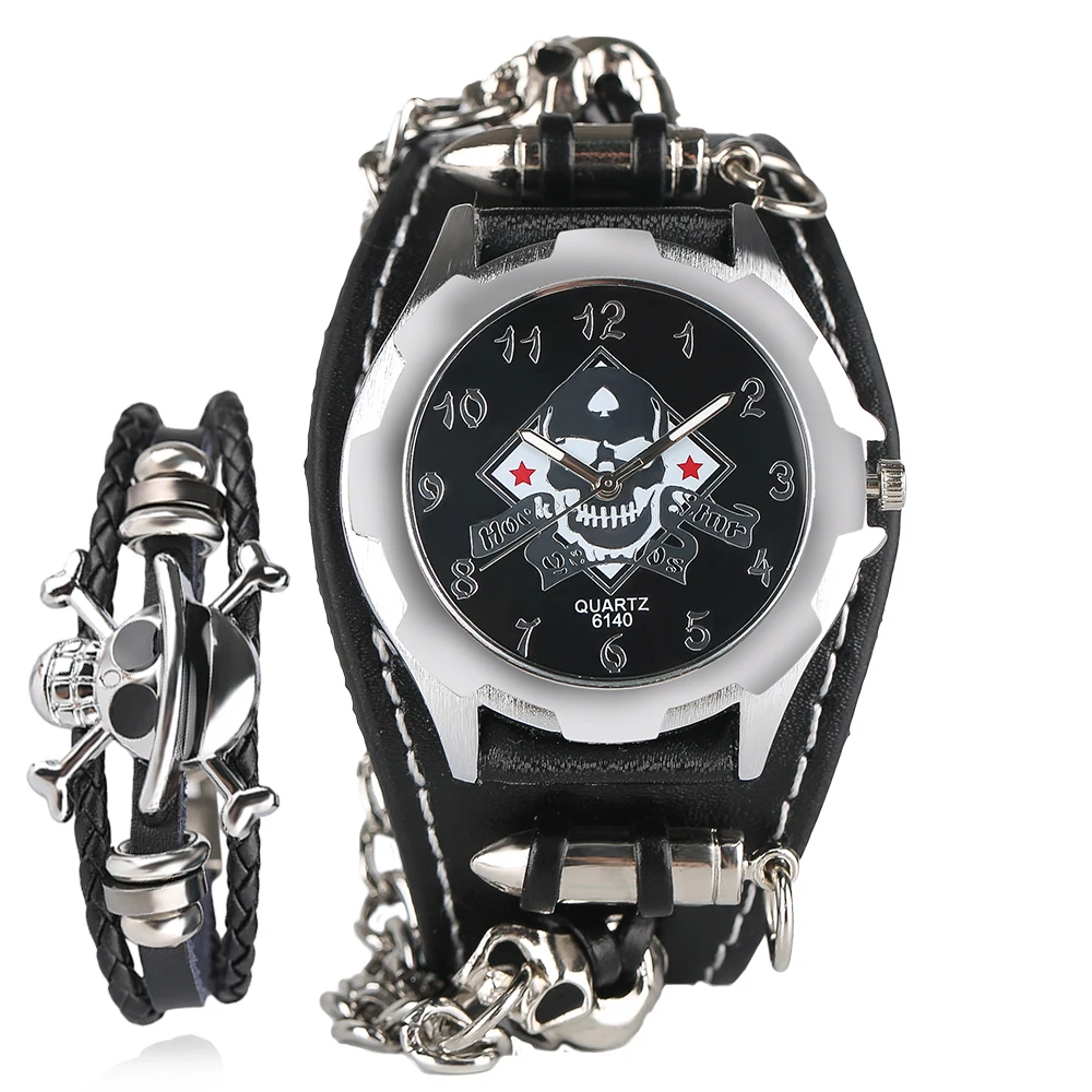 Gothic Style Rock Wrist Watch Sport Bullet Chain Skull Quartz Watches Cool Mens Leather Band Strap With Steampunk Bracelet Gift 1 (3)