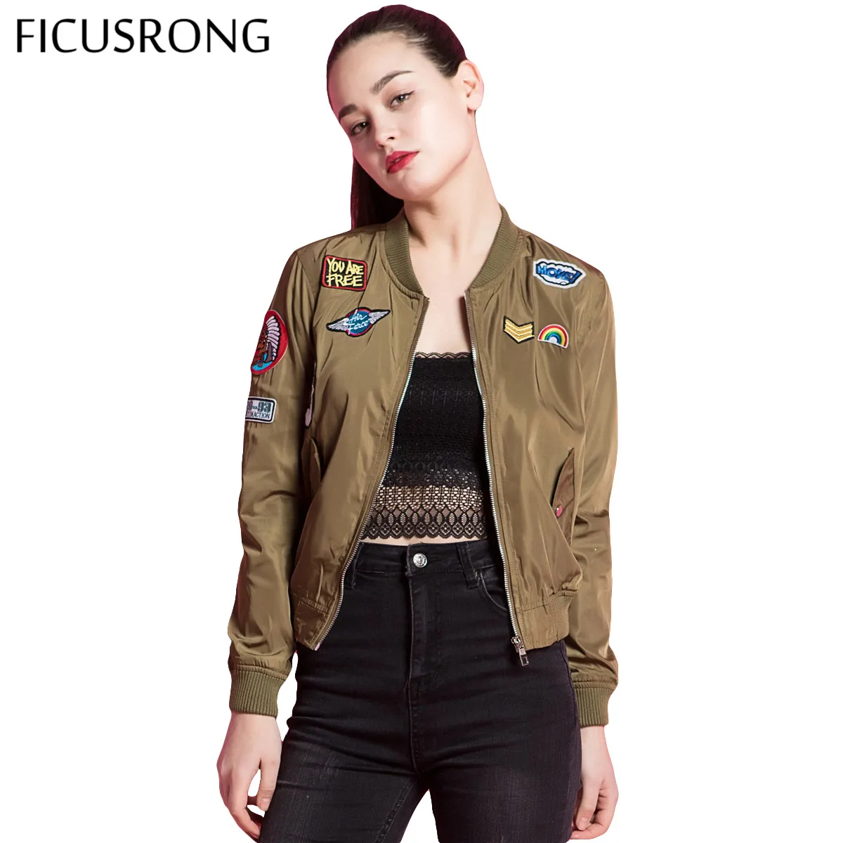 

2019 New Spring Female Jacket Vintage Patch Designs Basic Jacket Coat Street Autumn Bomber Jacket Women FICUSRONG