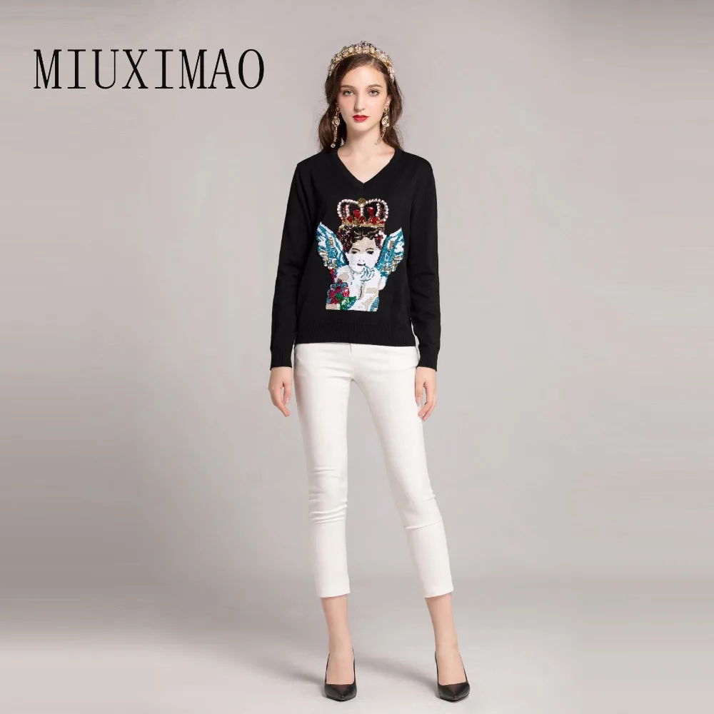 Europe Style 2018 Autumn New Arrival Fashion V Neck Full Sleeve Pullovers Sequined Character Black Sweatshirts Women Europe Style 2018 Autumn New Arrival Fashion V Neck Full Sleeve Pullovers Sequined Character Black Sweatshirts Women