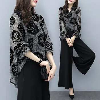 

Temperament Celebrity 2019 Pattern Appliques Ruched O-neck Polyester New Spring Loose Top Wide Leg Pants Two-piece Fashion Set