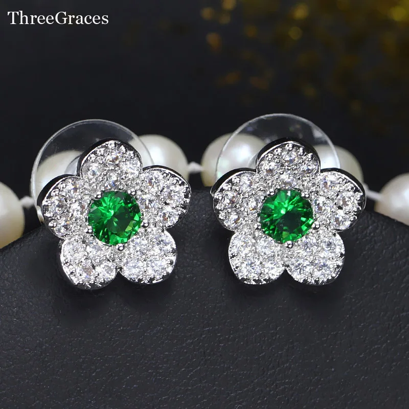 

ThreeGraces Fashion Korean Style CZ Jewelry White Gold Color Cubic Zirconia Inlay Green Crystal Flower Stud Earrings ER035