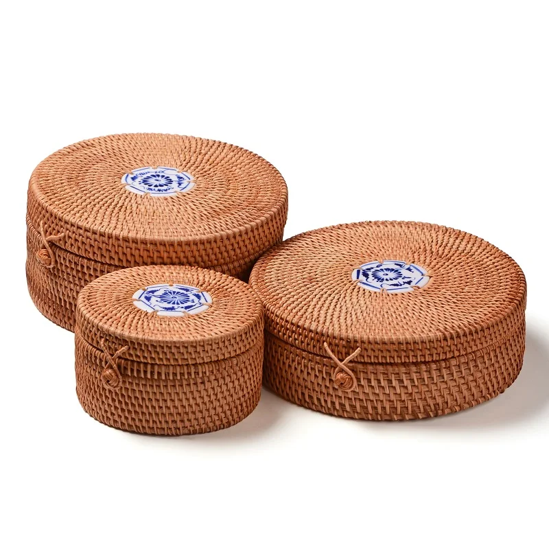 Ceramics Rattan round tea leaves Storage Box Pure hand woven storage