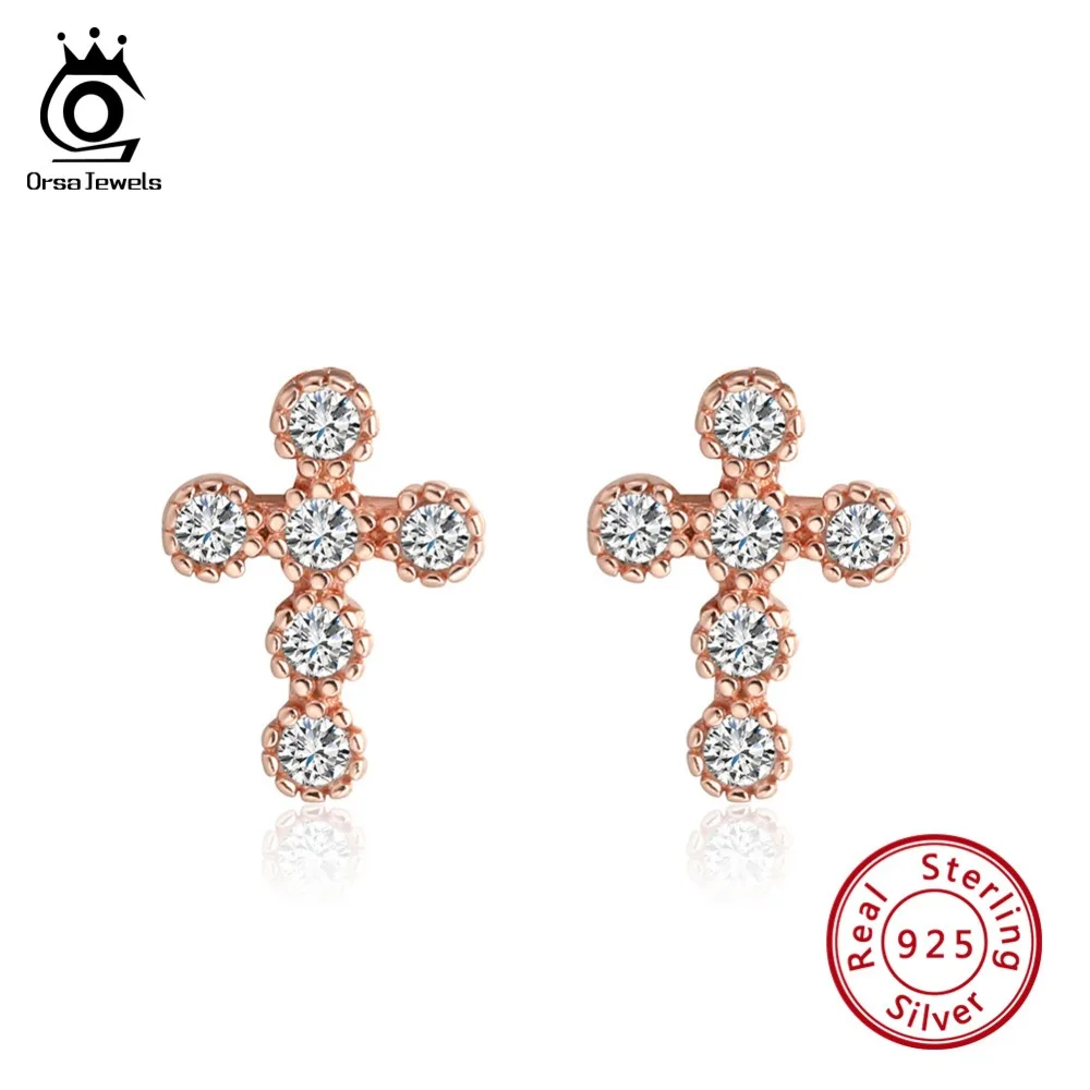 

ORSA JEWELS Cross Stud Earrings For Women 925 Sterling Silver 6PCS AAA Dazzling CZ Rock Style Female Club Party Jewelry SE106