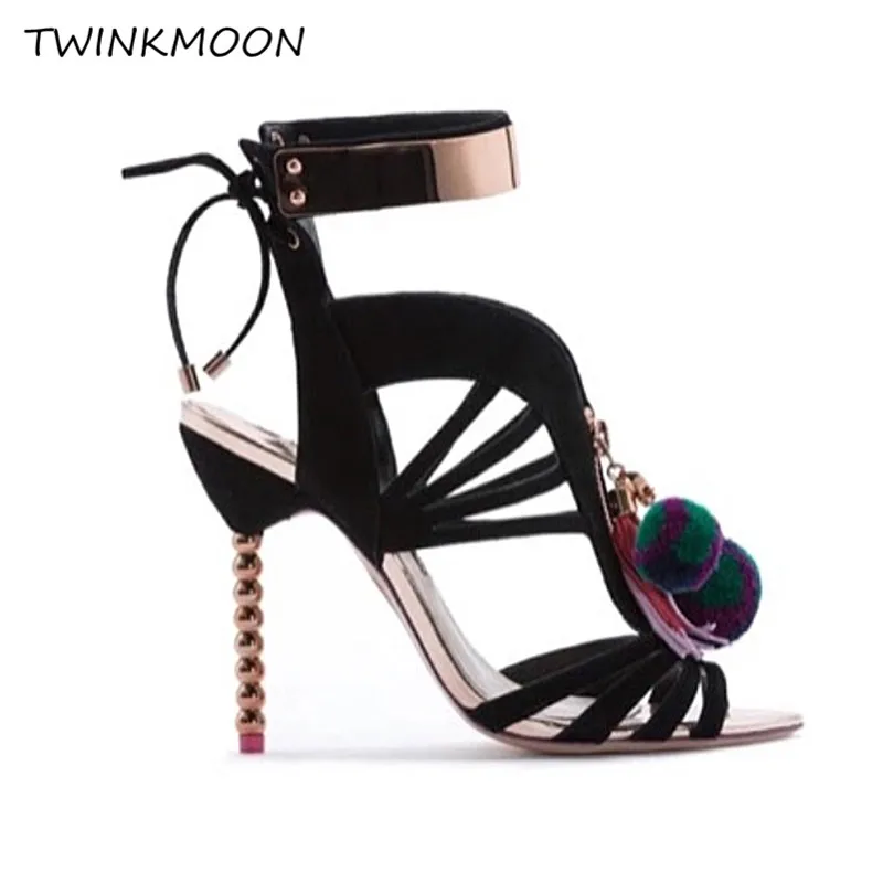 

Pom-pom Matallic Sandals Pedant Ball Thin High Heels Ankle Strap Lace Up Mix Colors Mirror Leather Summer Women Sandals
