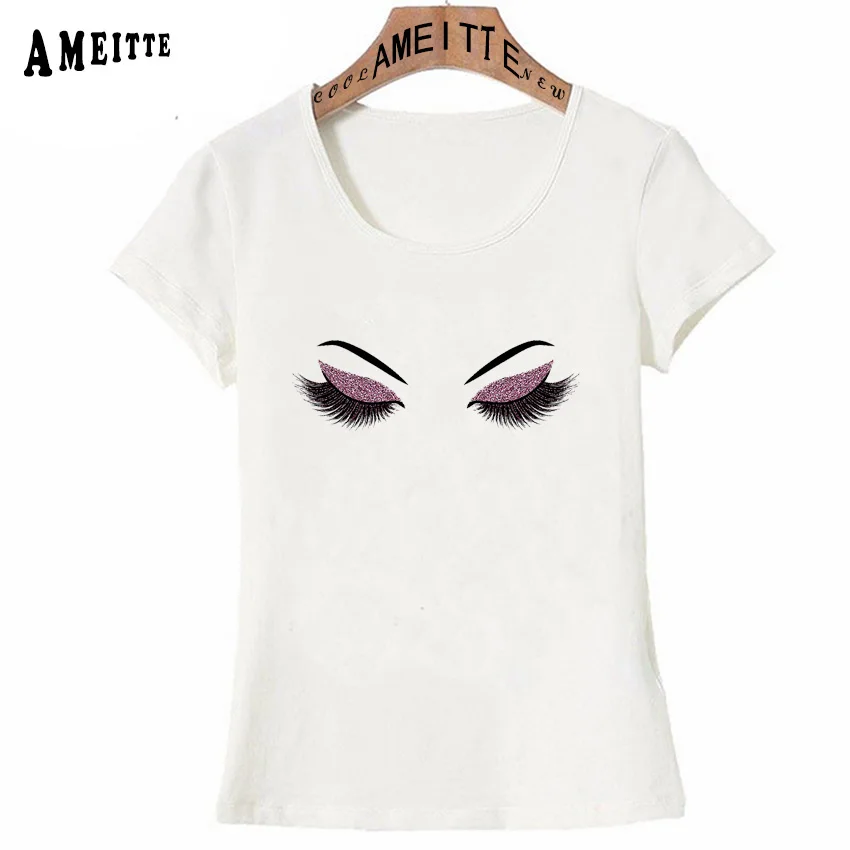 

Glittery Burgundy Eyelash illustration Print T-Shirt Summer Women Short Sleeve Simple O-neck Casual Tees Cute Girl White Tops