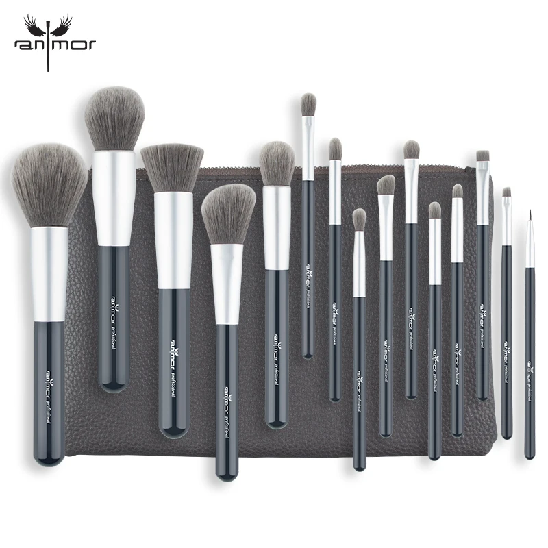

Anmor 15 PCS Professional Makeup Brushes Set Grey Brown Foundation Powder Eyeshadow Make Up Brushes Soft Synthetic Hair