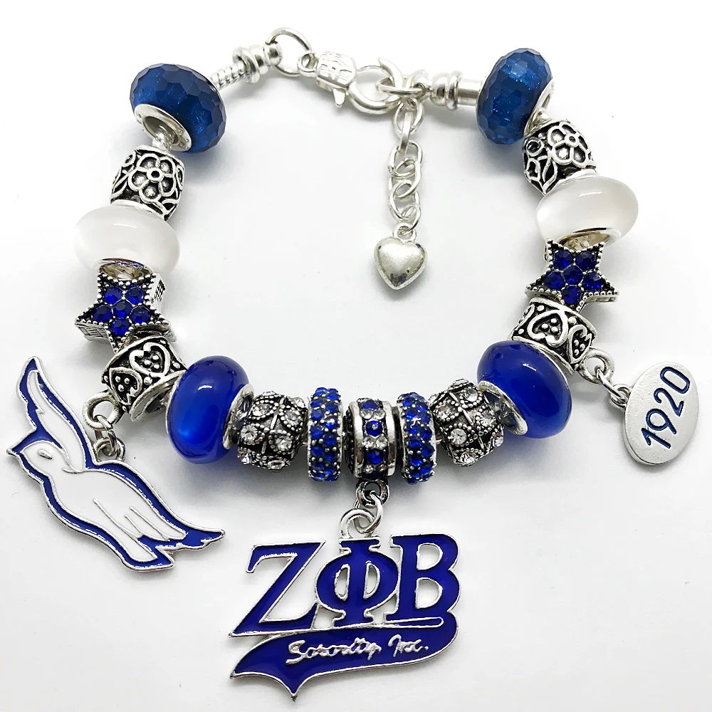 

New arrival enamel metal Greek letter society ZETA PHI BETA sorority jewelry pendant Murano glass big hole beads bracelet