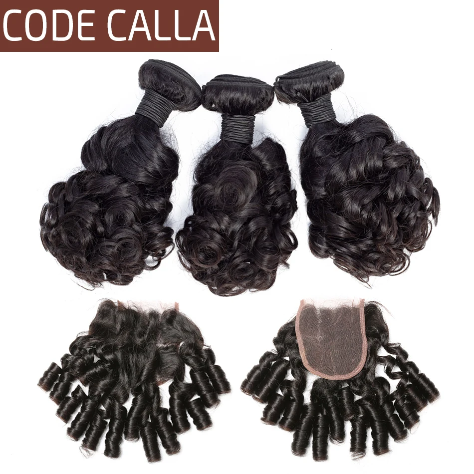 Код Calla бразильские Надувные вьющиеся волосы наращивание волос парик пучки с 4*4 Кружева Закрытие 100% не Реми человеческие волосы пучки для