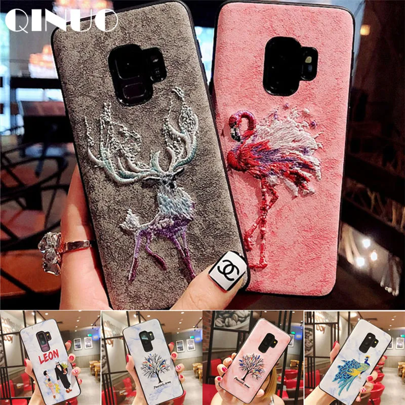 

QINUO Luxury 3D Embroidery Case For Samsung S8 S9 Plus Fresh Flamingo peacock Rose Leather Case For Samsung Note8 Note9 Funda