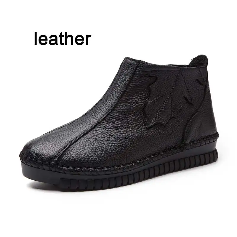 BeckyWalk/зимняя женская обувь из натуральной кожи; ботильоны больших размеров; женские ботиночки с круглым носком; женские короткие зимние ботинки; WSH3067 - Цвет: black leather