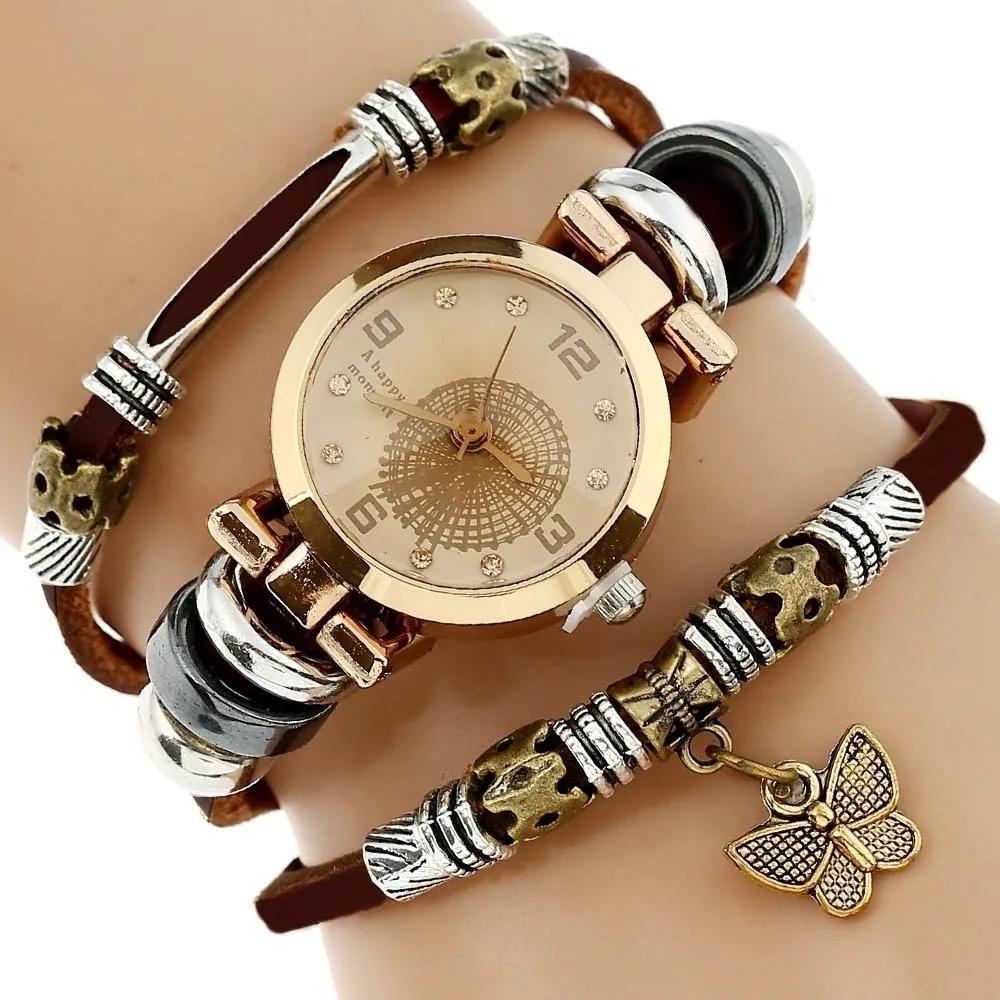 Gnova верхняя часть из платины для женщин премиум натуральная кожа часы тройной браслет часы Бабочка Шарм наручные часы Мода Para Femme A581
