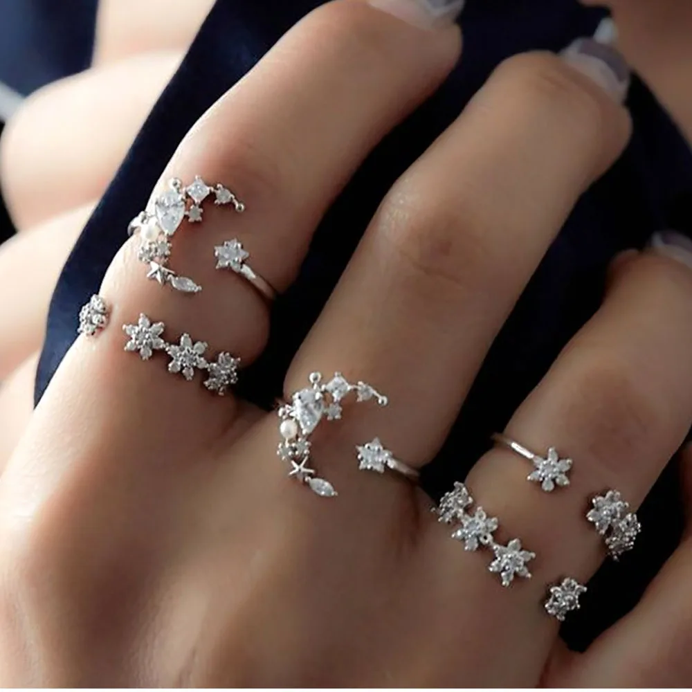 

R0005-Set Bohemia 5pcs/set Auger Retro Wedding Party Star Moon Ring with Crystal Rhinestone