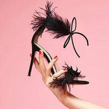Feather lace up sandals high heel open toe cut out woman summer shoes sexy black fashion white runway party concise shoes bohemia sandalias mujer 2018 new fashion colorful rivets high heel sandals punk style lace up sexy open toe party shoes woman