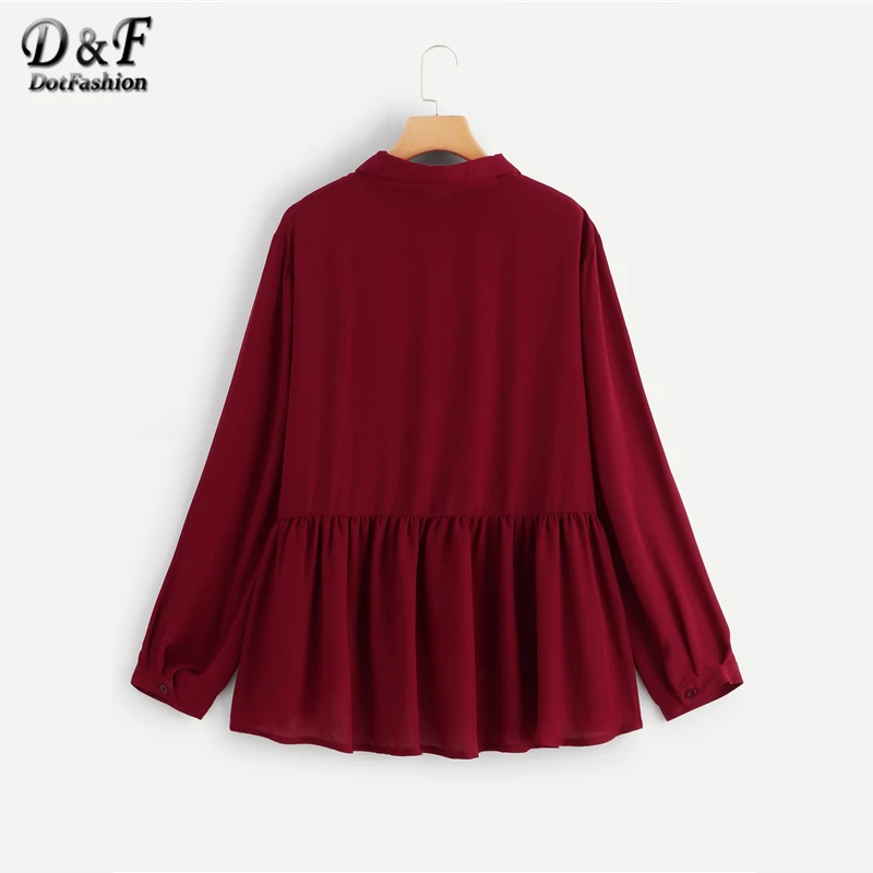 Dotfashion زائد الحجم عنابي كشكش تنحنح الصلبة قميص إمرأة زائد الحجم أزياء 2019 عارضة السيدات قمم الخريف طويلة الأكمام بلوزة