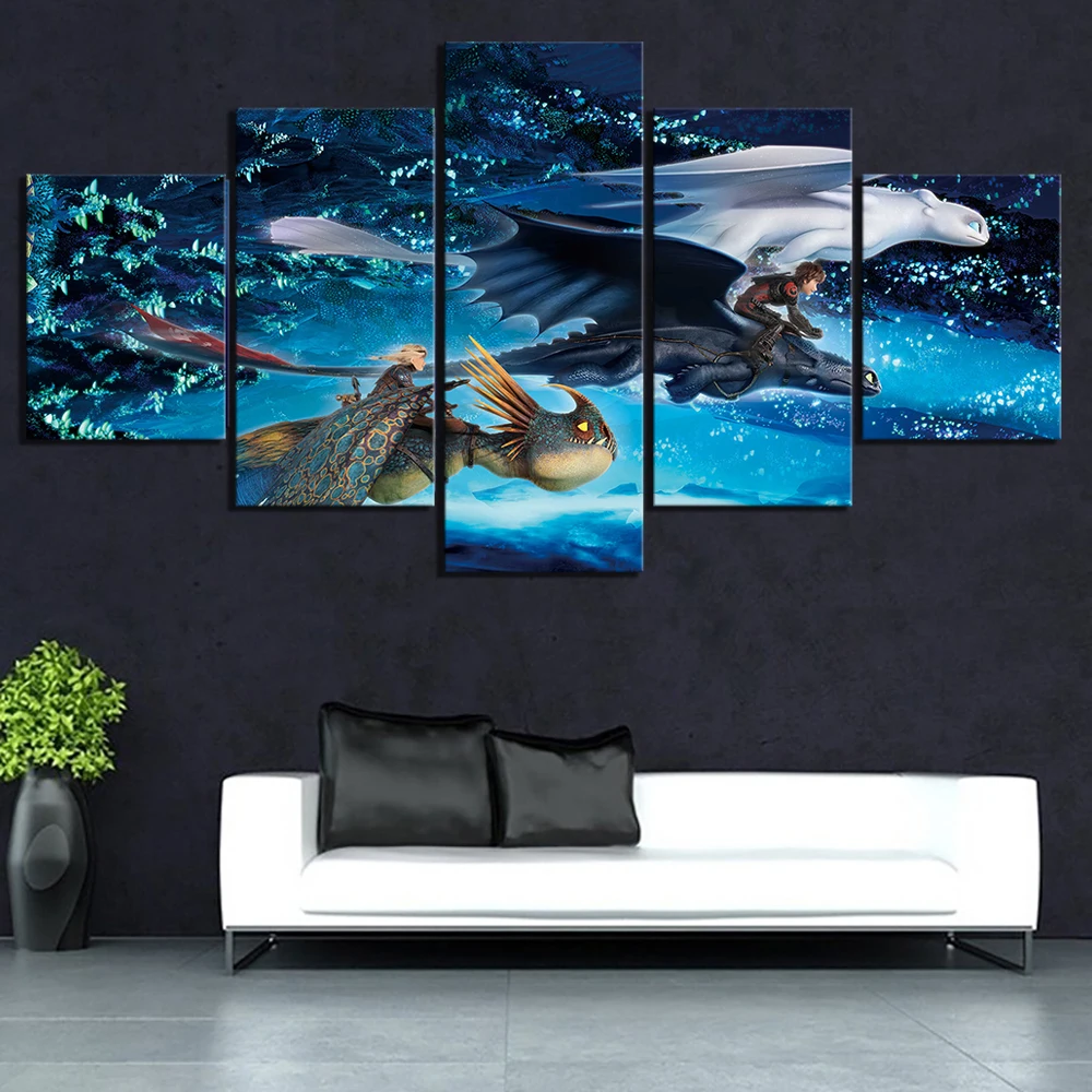 

5 Piece HD Cartoon Dragon Toothless Picture How To Train Your Dragon 3 Movie Poster Wall Sticker Canvas Paintings for Wall Decor