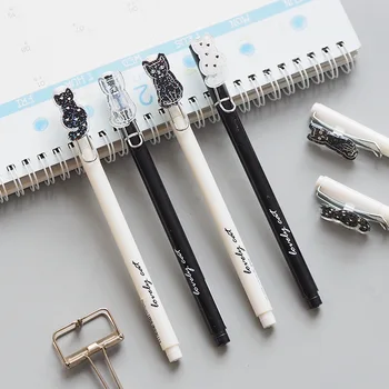

2X Kawaii White Black Cat Kitten Gel Pen Rollerball Pen School Office Supply Student Stationery Black Ink 0.5mm