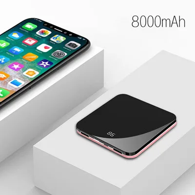 No cable rosy gold Портативный 8000 мАч Мини банк питания Тонкий зеркальный экран 2.1A Быстрая зарядка Встроенная линия двойной USB зарядное устройство банк питания для смартфонов - Цвет: No cable rosy gold