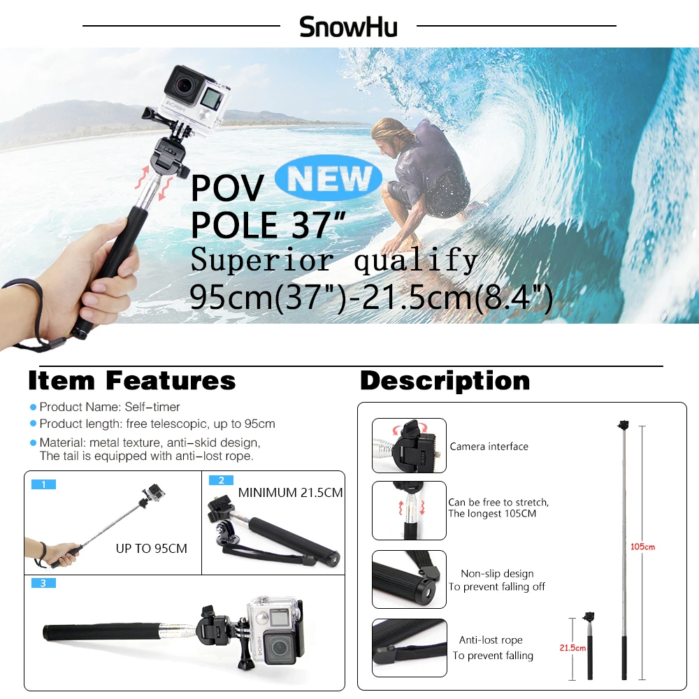 SnowHu для GoPro аксессуары набор противоударный чехол сумка J крючок на присоске