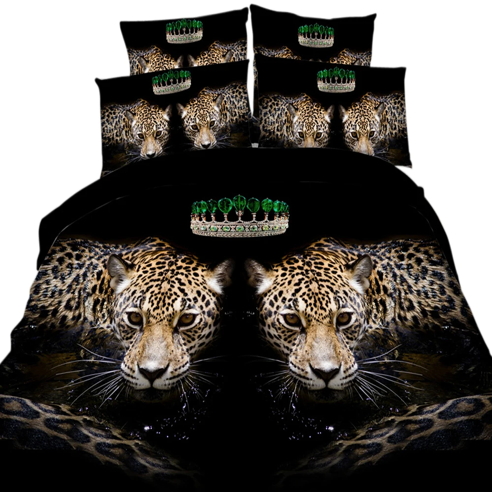 yeeKin 100 Cotton 3/4 Pieces Animal Bed Sheets Luxury Black Panther Leopard Crown Bedding Set
