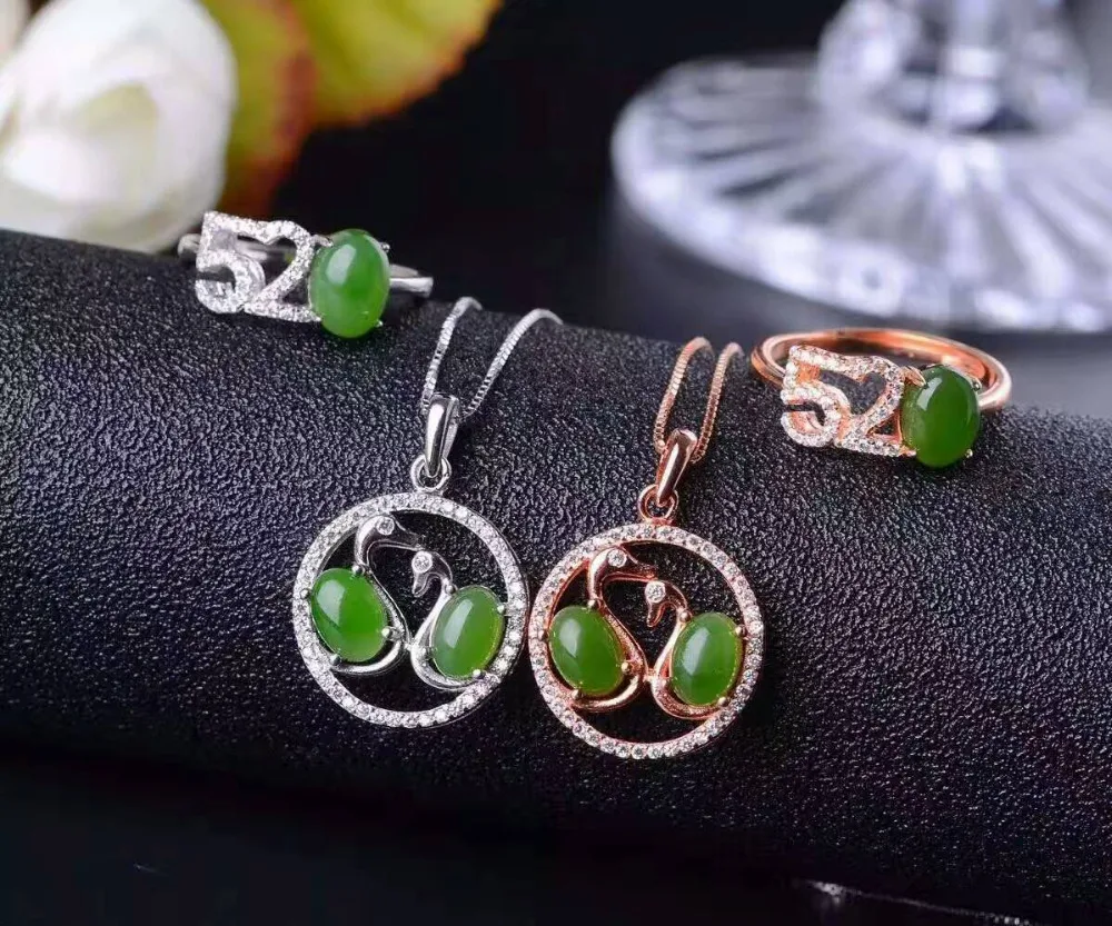 

Natural green jasper gem jewelry sets natural gemstone ring Pendant 925 silver Stylish Romantic Swan love women party jewelry