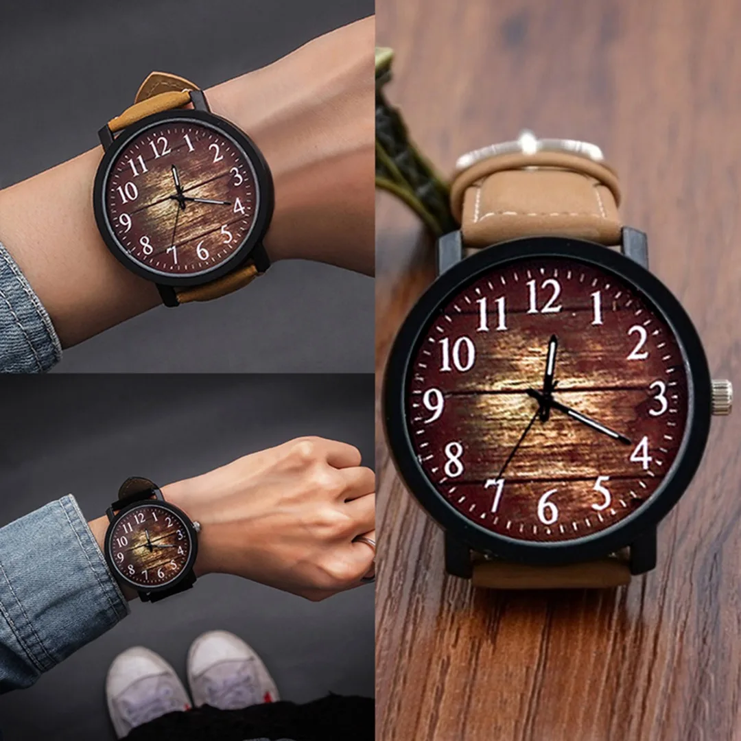 2019 Fashion Large Dial Watch Women Vintage Leisure Imitation Wood Watches Ladies Leather Band Quartz Wristwatch Dress Watch
