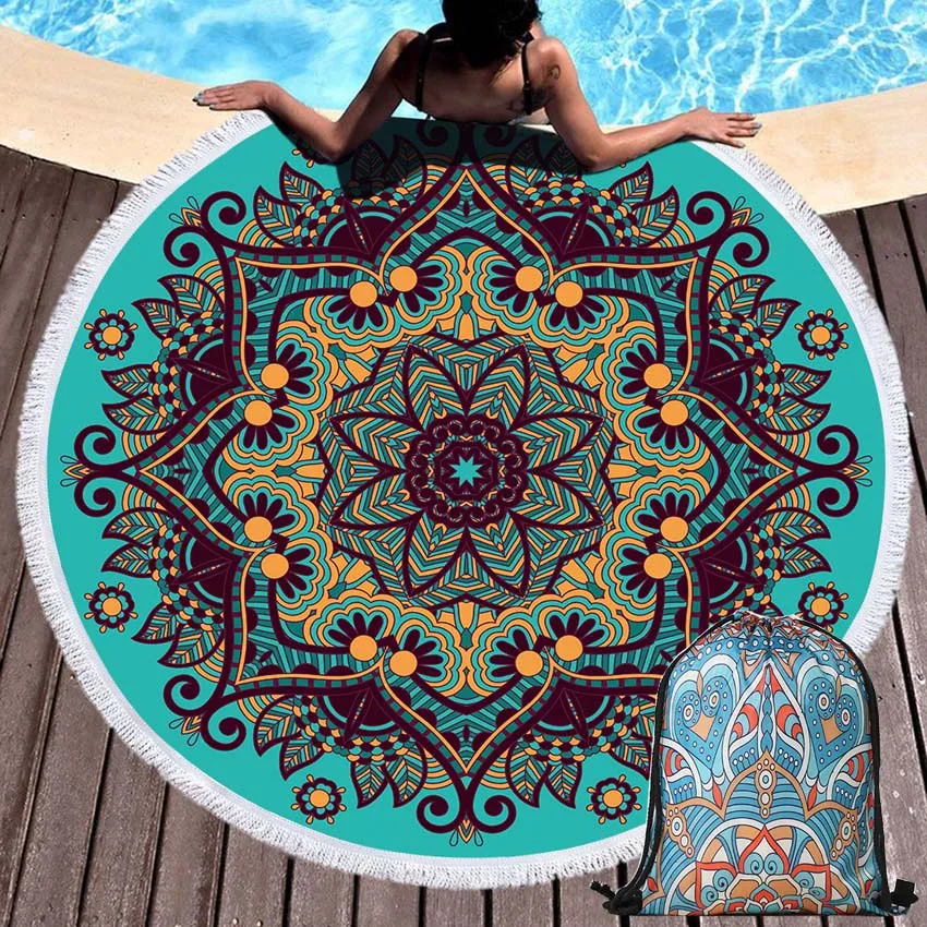 

Mandala Flowers Summer 150cm Round Beach Towels Seaside Bath Towels Wall Tapestry Blanket With Drawstring Backpack Bag Yoga Mat