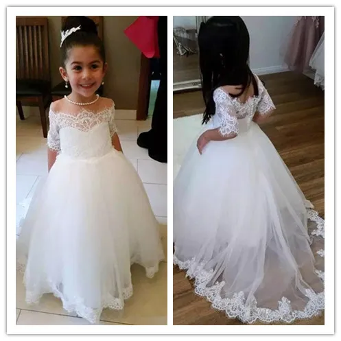 2019 Kant Bloem Meisje Jurken voor Bruiloft half mouwen Kinderen Avondjurk Heilige Communie Jurken Voor Meisjes Pageant Gown 2019 Kant Bloem Meisje Jurken voor Bruiloft half mouwen Kinderen Avondjurk Heilige Communie Jurken Voor Meisjes Pageant Gown
