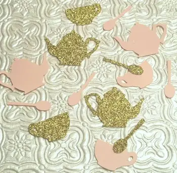 

Alice in Wonderland tea pot party spoon cup pink gold confetti birthday baby Table decor scrapbook Confettis
