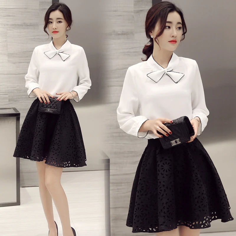 2 Piece Set Women Skirt+tops 2016 Spring Autumn Fashion Slash Collar