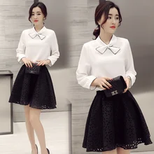 2 Piece Set Women Skirt+tops 2016 Spring Autumn Fashion Slash Collar white Blouse + Bow Mesh Skirt Clothing lady OL Fresh suit