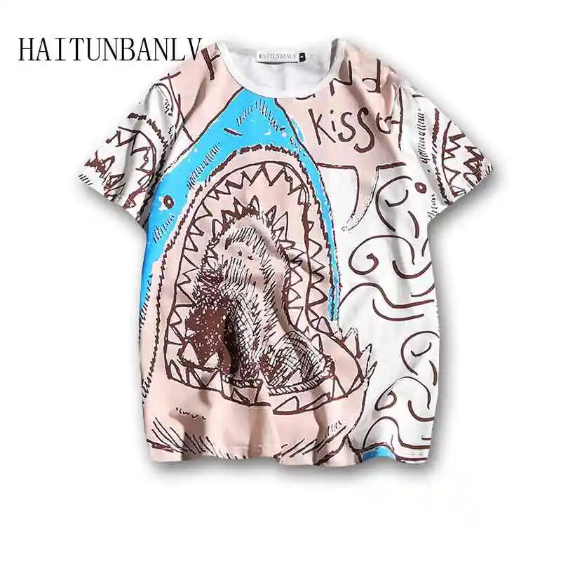 

2019 Summer Fashion New Hip Hop Graffiti Shark Pattern Casual T-Shirts Short Sleeve Harajuku Tees Streetwear Tshirt