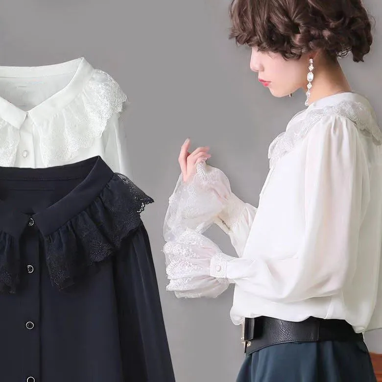 

Japan Style Lolita Shirt Black & White Lace Flare Sleeve Peter Pan Collar Large Size Lady Princess Blouse Vintage Gothic Blusas
