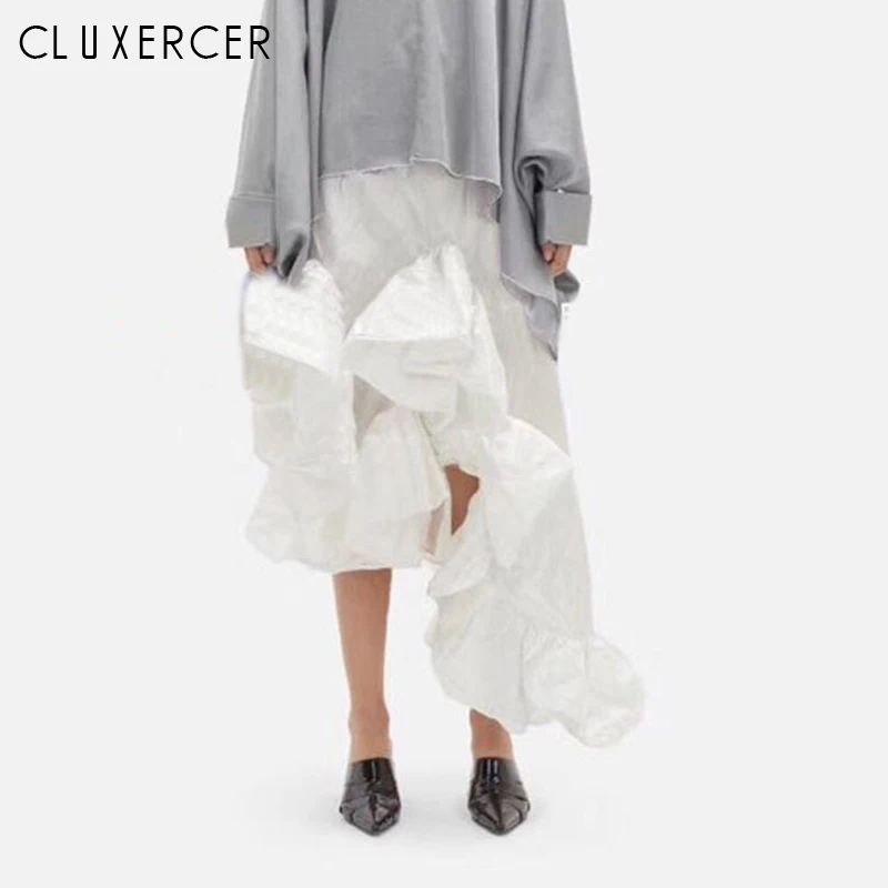 

2019 High Waist Flounce Beach Women Skirts White Black Feminino Summer Skirts Ruffles Asymmetrical Elegant Midi Skirt