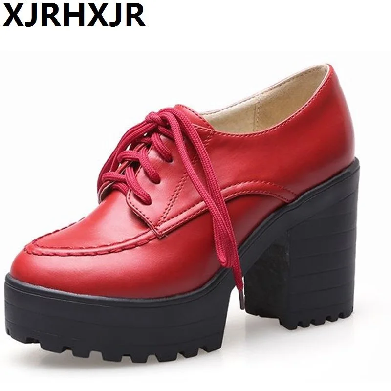 

XJRHXJ8cm fashion round toe pumps for women high quality soft leather simple lace up platform shoes thick high heels shoes women