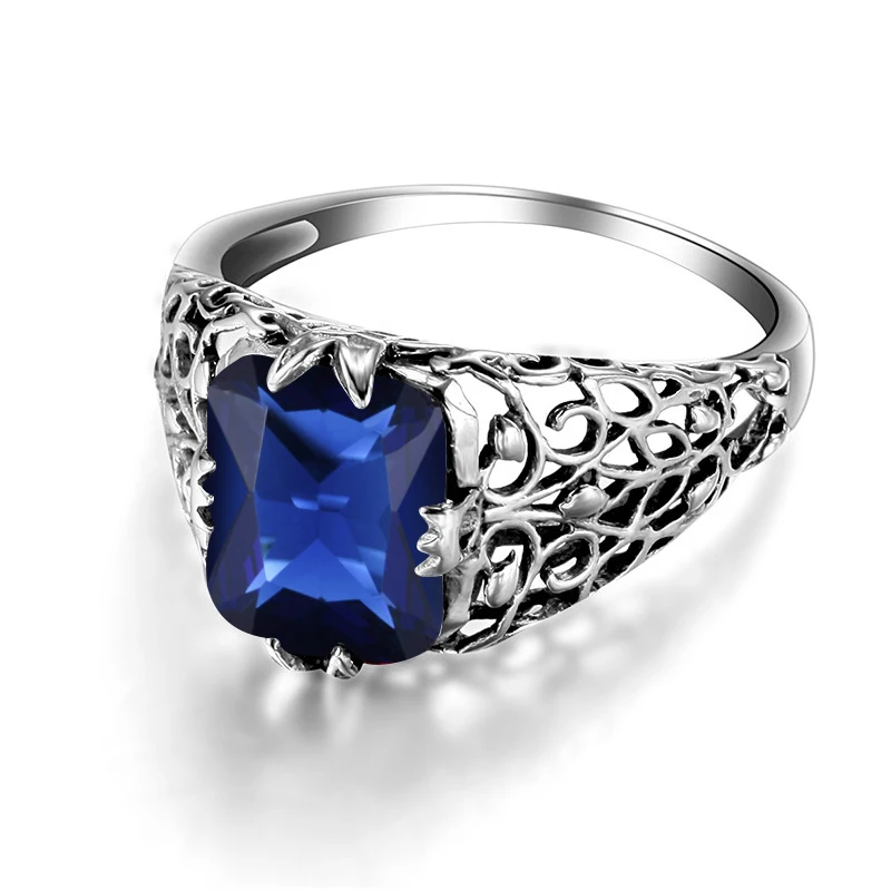 Fashion Square Cut Engagement Ring 925 Sterling Silver Bague Lady Wedding Punk Statement Vintage Lab Sapphire Ring Women Jewelry