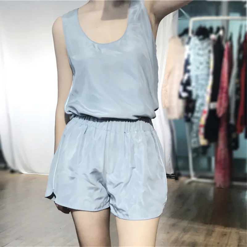 Women 100 Natural Silk Pajamas Set O neck Sleeveless Pajamas Sets Silk