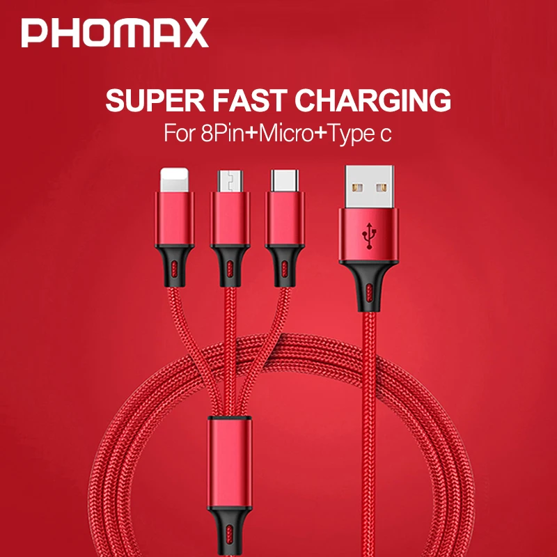 

PHOMAX 3 in 1 USB Cable For iPhone XS Max XR X 8 7 Charging Charger Micro USB Cable For Android USB TypeC Mobile Phone Cables