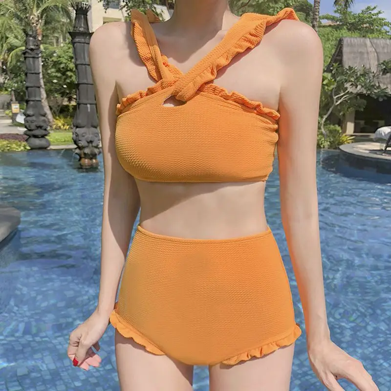 

Women Swimwear Solid Color V Neck Lace-up Halter Strap Split Steel Plate Gathers Ruffled High Waist Bikini Set Swimsuit