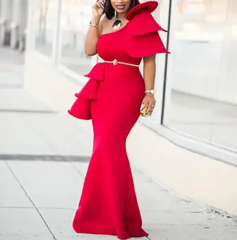 

Red Ruffles One Shoulder Maxi Dress Celebrate Party Evening Long Bodycon Classy Dresses Slim Elegant Female Tunics Robes EN-014