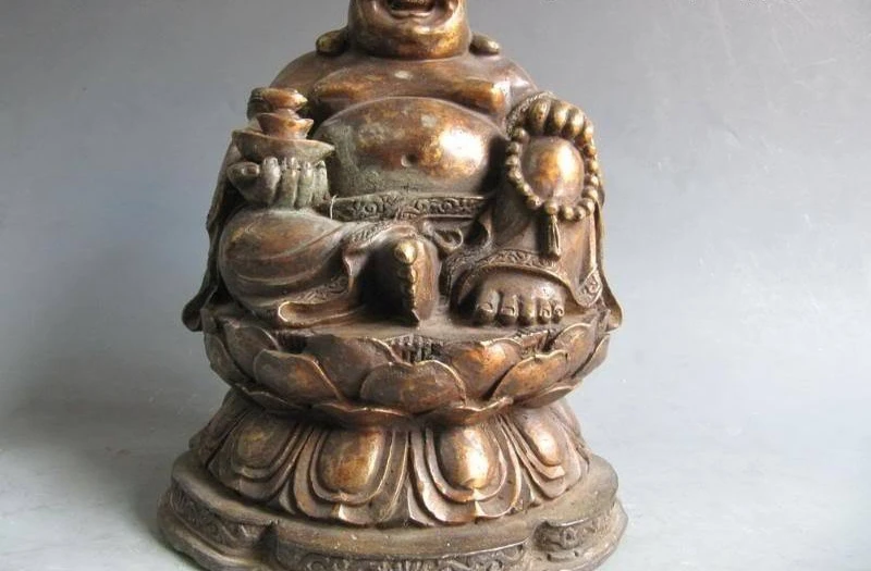

Chinese Old Bronze Carved Yuan Bao Money laughter arhat Maitreya Buddha Statue