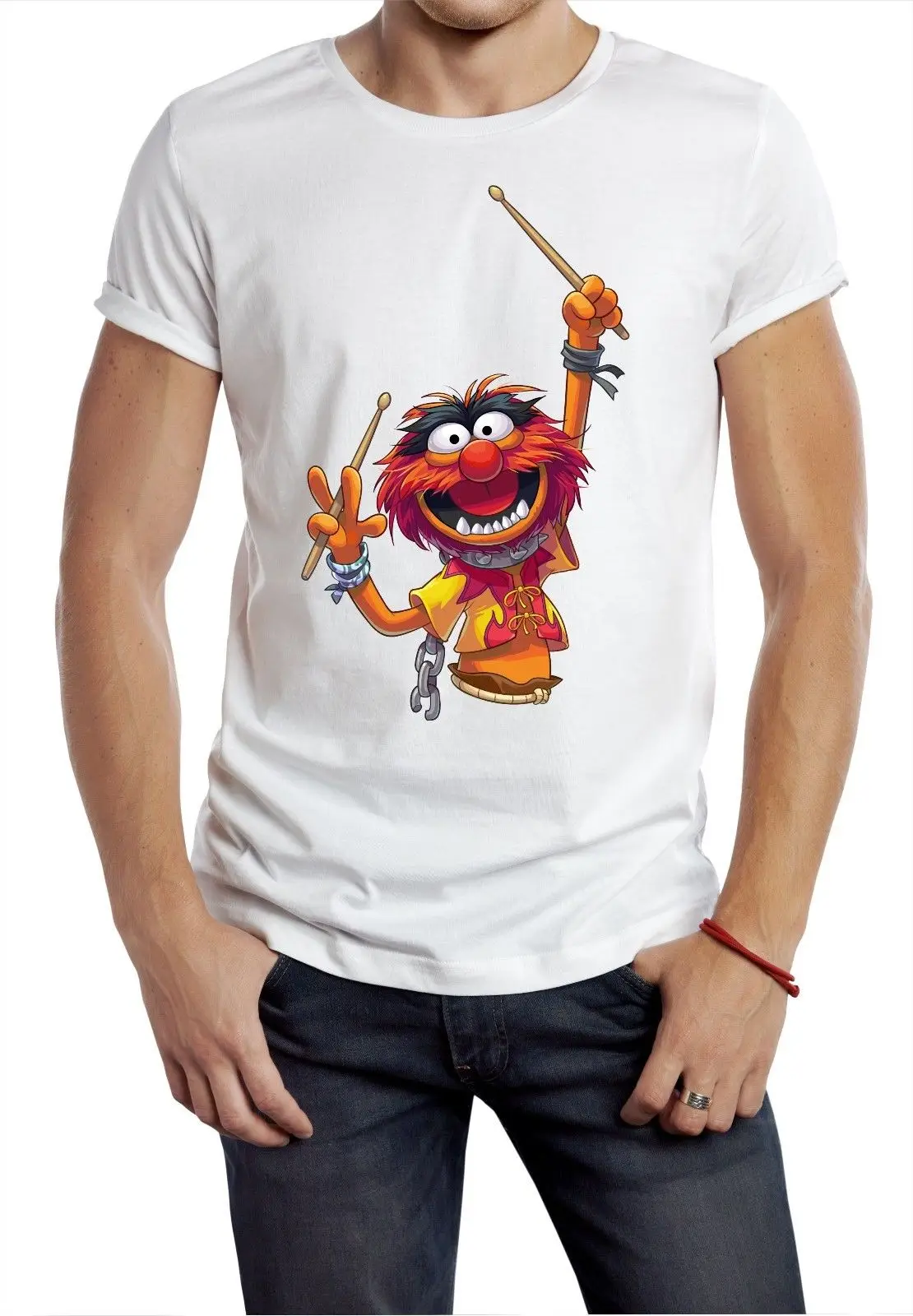 

Animal T-shirt Muppet White 80s 90s Retro Tee drummer funny wild kermit piggy 100% cotton tee shirt, tops wholesale tee