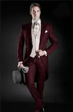 2016 Morning Style Groom Wear Tuxedos Peak Lapel Men’s Suit Burgundy Groomsman Best Man Wedding Suits (Jacket+Pants+Tie+Vest)