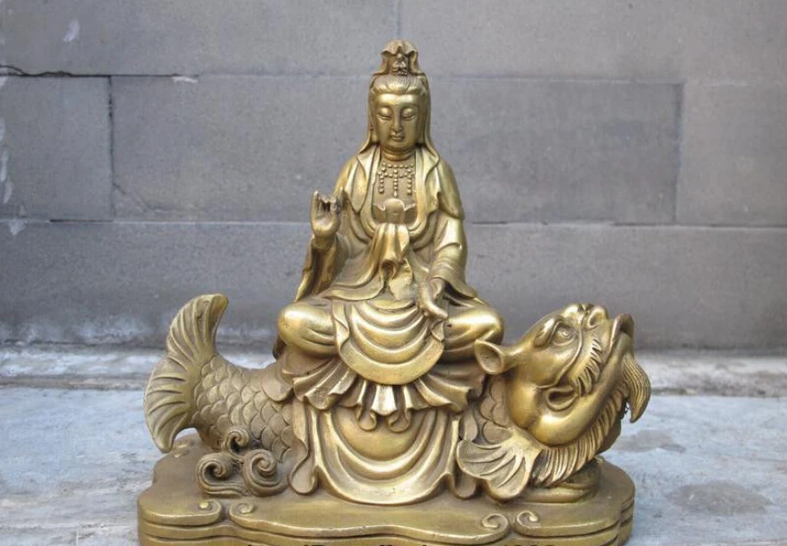 

Tibet Buddhism Brass Copper Guan Yin Ride on Dragon Fish Goddess Boddhisattva
