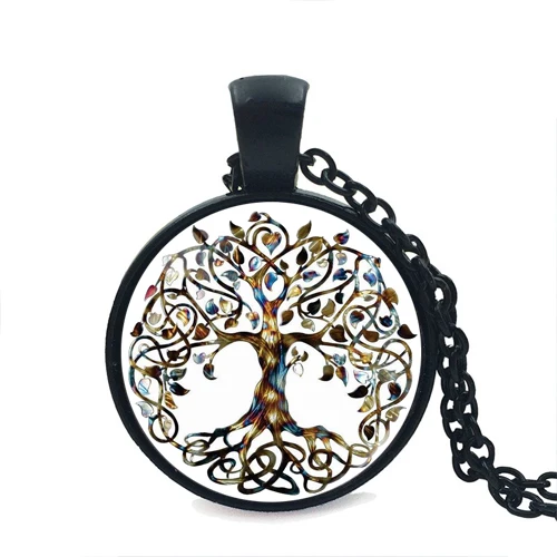 

Hot Handmade Black Plated Statement Pretty Celtic Tree of Life Glass Cabochon Necklace For Women Men Irish Celtic Jewelry